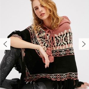 Free People High Life Fair Isle Poncho Boho Fringe Oversized Knit Shrug OS